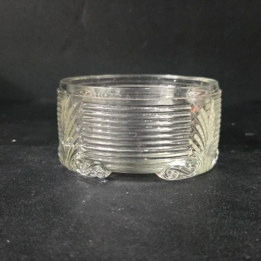 Art Deco Ribbed Glass‎ Powder Dish, Palm Frond Design, Vintage Vanity Decor